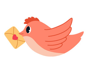 Bird with love envelope. Romantic element. Receiving news, newsletter, message. Email, post service, notification, correspondence concept, Valentine card. Vector illustration