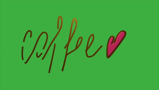 Loop video animation of a coffee text with love sign on a green screen background
