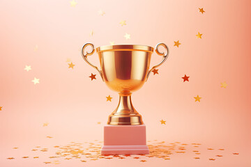 Gold winners cup with gold confetti around, pastel background, concept of winning