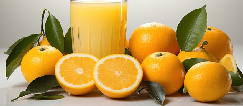 Glass of orange juice with orange fruit slices isolated white background