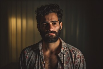 Portrait of a handsome bearded man looking at the camera in a dark room