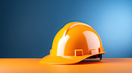 Safety hat of workers  on a table, blue background, concept of a construction, place for a text 