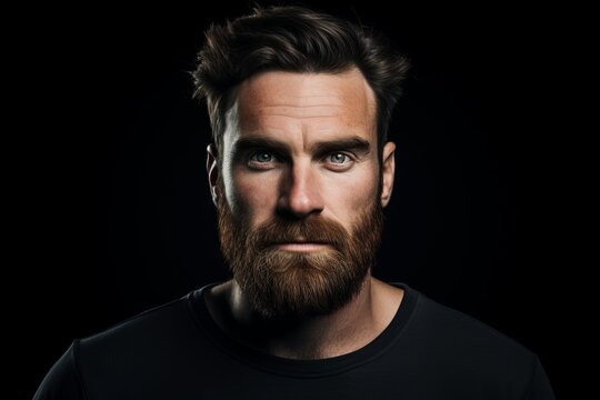 Portrait of a handsome man with long beard and mustache on black background