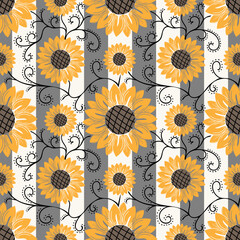 Seamless pattern with yellow sunflowers in srtiped background. Perfect for summer, spring, scrapbook, fabric, textile.  Vector illustration