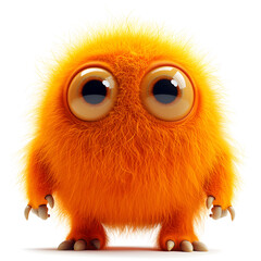 Adorable fluffy orange creature with large, expressive eyes, isolated on a white background