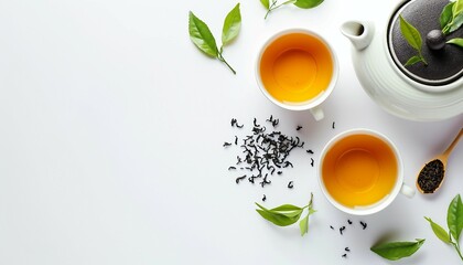 Obraz na płótnie Canvas Asian tea concept, two white cups of tea and teapot surrounded by dry green tea leaves, space for text on white background, Japanese tea ceremony interior in traditional style.
