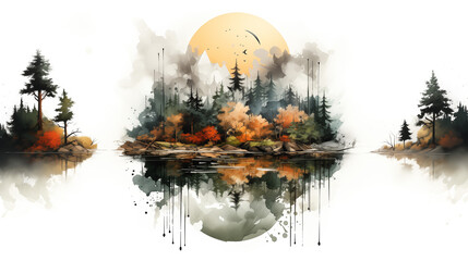 Wallpapers by the lake with forest and trees, in the style of abstract ink art, conceptual digital art, light amber and gray, watercolors, illustration