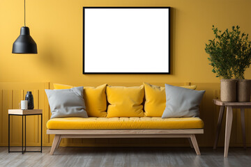 Blank picture frame mockup in modern yellow living room interior.