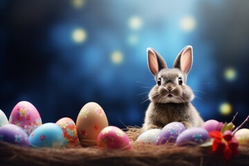 Easter bunny and eggs background magical art with empty copy space Generative AI