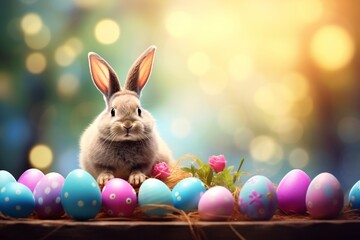 Easter bunny and eggs background magical art with empty copy space Generative AI