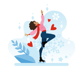 Figure skating in winter on ice in the park. A romantic date for the holiday on February 14th. A winter sport. Flat vector illustration in cartoon style