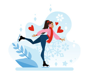 Figure skating. A girl is rolling on ice against a background of frozen flowers. A postcard of the winter season. A winter walk in the fresh air. Flat vector illustration in cartoon style