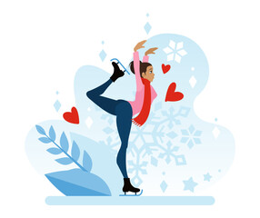 Figure skating. The girl is skating on the ice with her leg raised high. A postcard of the winter season. A sports walk in the fresh air. Flat vector illustration in cartoon style