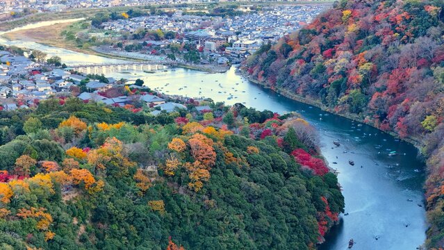Aerial view of autumn mountain and river in Arashiyama, Kyoto