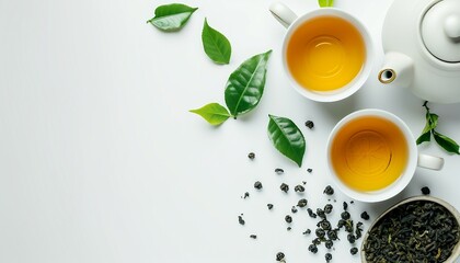Asian tea concept, two white cups of tea and teapot surrounded by dry green tea leaves, space for text on white background, Japanese tea ceremony interior in traditional style. - obrazy, fototapety, plakaty