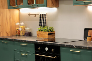 modern kitchen interior with laminate countertop - obrazy, fototapety, plakaty