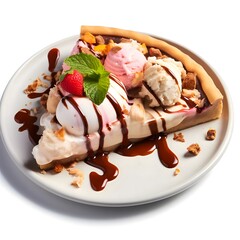 A slice of sweet pizza with ice cream, strawberry and chocolate topping on a plate. White isolated background.