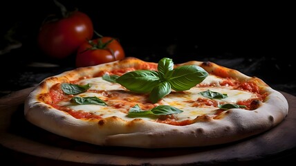 Round pizza with cheese, ham, basil, tomatoes, spices on a wooden kitchen board. Around the decoration with vegetables and spices. Side view. Dark background.