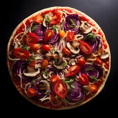 Round pizza with cheese, ham, salami, tomatoes, onions, basil, mushrooms, spices.Around the decoration with vegetables and spices. Top view.