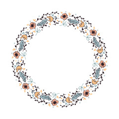 Obraz premium A hand-drawn wreath of flowers and plant branches on a white background. Natural spring frame.Vector.