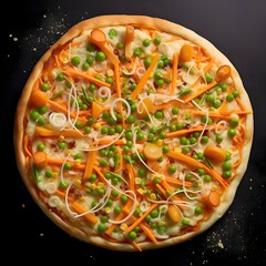 Round pizza with cheese, carrots, corn, onions, peas, spices. Top view.