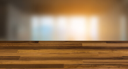 Open space office interior with like conference room. Mockup. 3D rendering.. Sunset., Background with empty wooden table. Flooring.