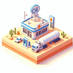 Oil station in the desert 3D minimalist cute isometric icon on a white background