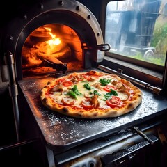 Round pizza with cheese, ham, tomatoes, spices. Side view. In the background is the oven.