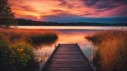 beautiful sunset in lake with panorama dock in beautiful nature. Summer Landscape nature.