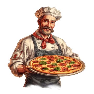 Illustration of a chef with a pizza in his hands on a plate, isolated on a white solid background.