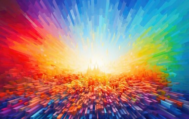 A chaotic explosion of digital pixels, each pixel a vibrant shade of the rainbow, Digital Pixel Burst: Rainbow Symphony.