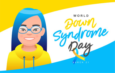 Beautiful little girl with glasses, blue hair and a yellow sweater. World Down Syndrome Day, March 21st. Sunny child.