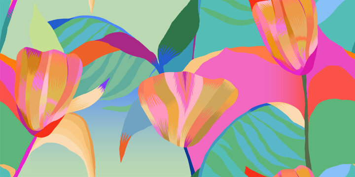 Modern abstract exotic flowers pattern. Juicy colors botanical contemporary seamless pattern. Hand drawn unique print.