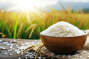 White rice with sunset time background.