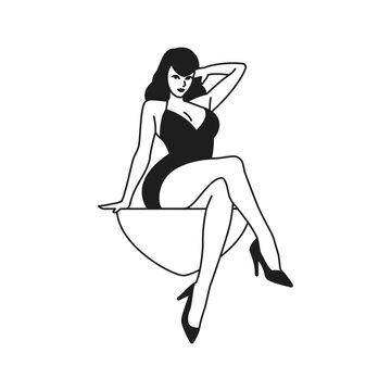 Y2k beautiful pin up woman sitting cartoon fashion monochrome line retro groovy icon vector