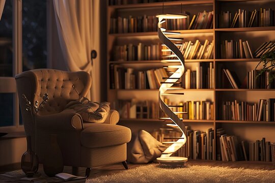 An inviting reading area featuring a modern chair with a knitted blanket beside an innovative DNA helix design bookshelf, illuminated by soft glowing lights in a home setting - Powered by Adobe