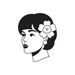 Y2k beautiful woman with romantic flower in hair monochrome line retro groovy icon vector