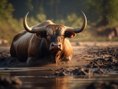 A bull is walking in the mud.