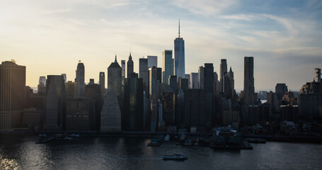 Aerial Cityscape of a New York City Downtown Area in Lower Manhattan. Urban Landscape with Office Buildings and Historic Skyscrapers. Panoramic Shot of an Iconic Travel Destination in North America