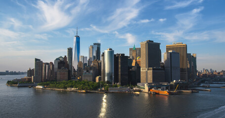 Scenic Aerial New York City View of Lower Manhattan Architecture. Panoramic Wall Street Financial...