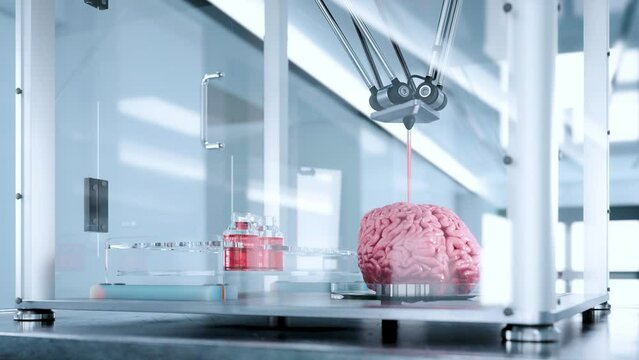 3d bioprinting of the human brain. Futuristic concept of printing human organs using a printer. looped 3d render animation.