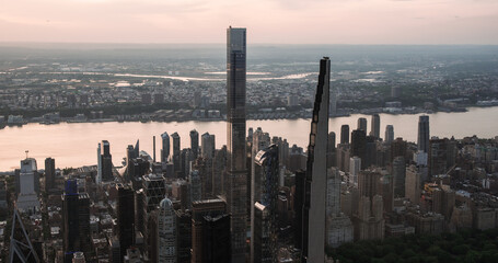 New York City Aerial Evening Cityscape with Stunning Manhattan Landmarks, Skyscrapers and...