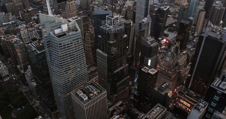 Top Down Aerial View of Times Square in New York City in Midtown Manhattan. Helicopter Flying Above...