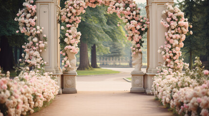 Fototapeta na wymiar Arch walkway decorated with fantastic roses