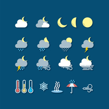 16 simple night weather icons with a flat color style