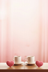 Obraz na płótnie Canvas Two cups of coffee on a wooden table in front of a pink curtain