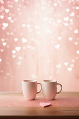 Obraz na płótnie Canvas Two cups of coffee on wooden table with hearts bokeh background