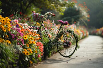 Vintage bike transformed into a floral arrangement amidst a vivid display of garden blooms.