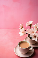 Obraz na płótnie Canvas Cup of coffee and spring flowers on pink background, copy space