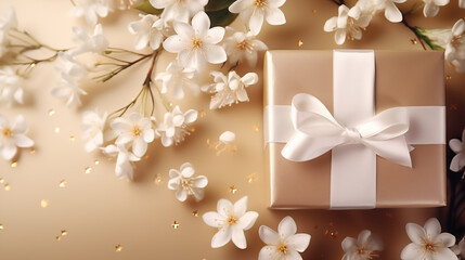 Stunning festive layout adorned with white flowers and a gift, bathed in volumetric light. Ample copy space for Mother's Day, Valentine's Day, Eighth of March, Women's Day celebration concepts.